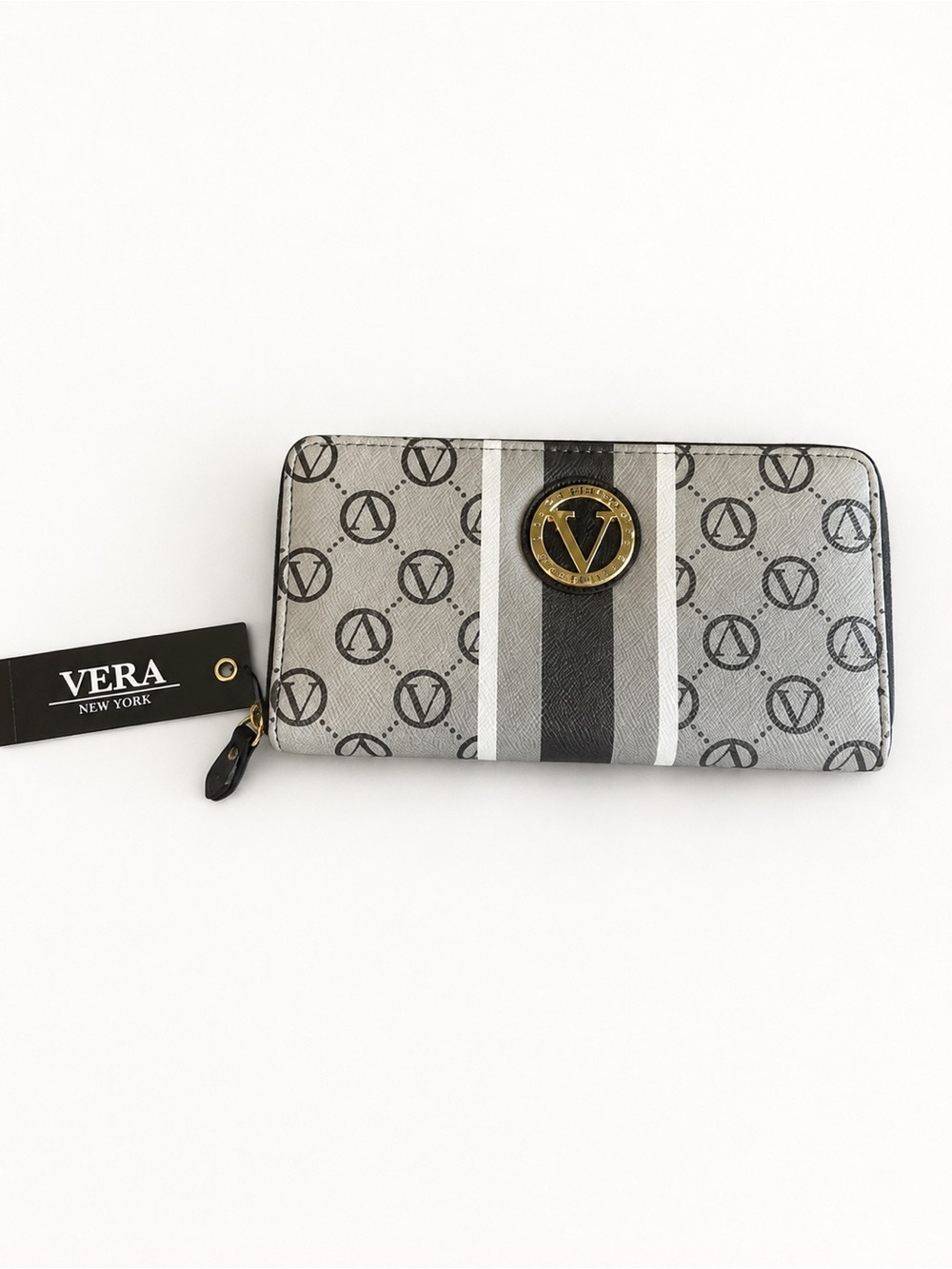Vera New York Grey Logo Zip-Around Wallet with Striped Detail